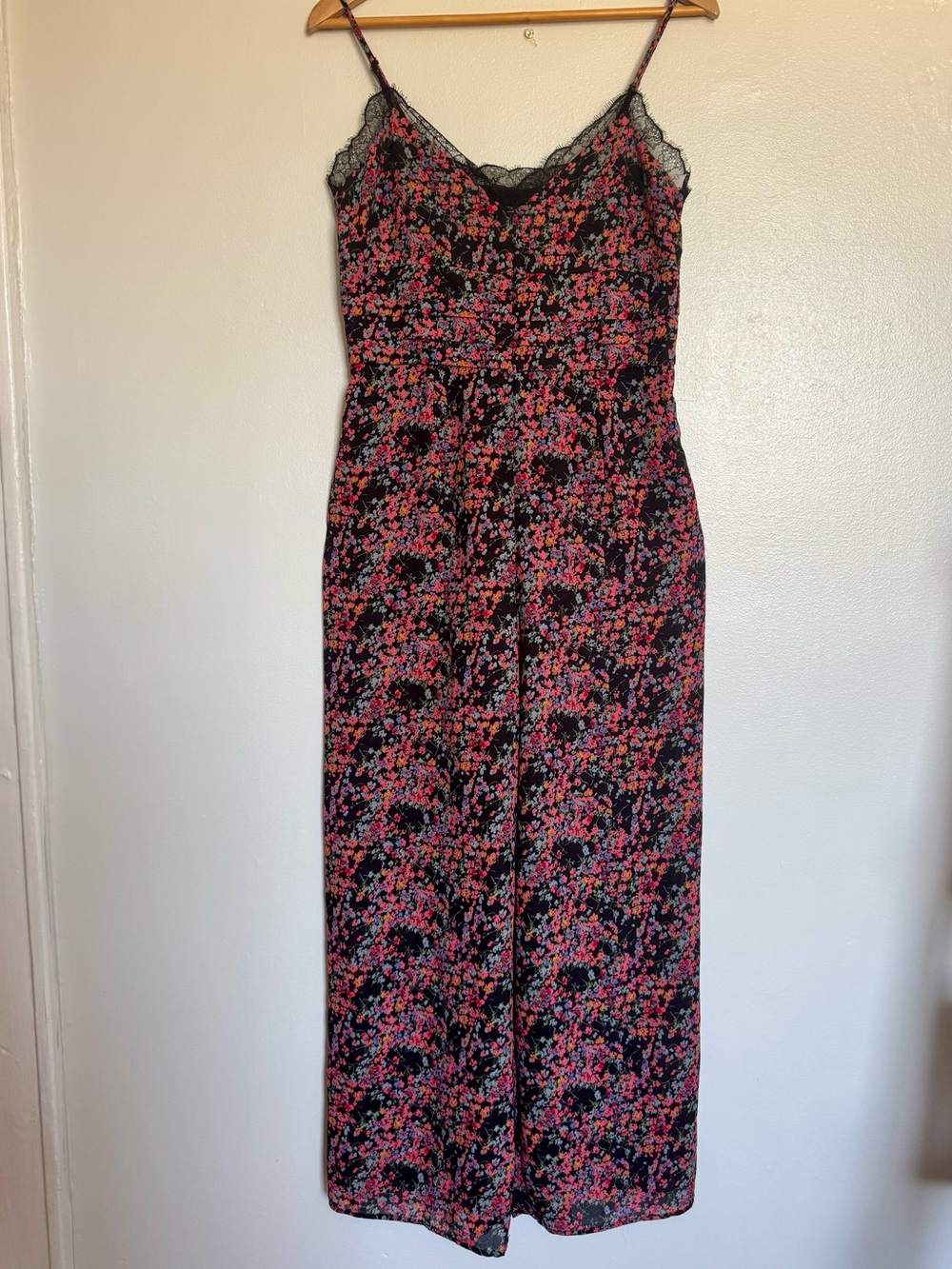 Floral Lace-Trim Jumpsuit in Black and Pink